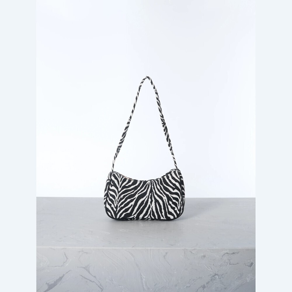 Black and White Zebra Print Curved Shoulder Bag with Top Zip Closure